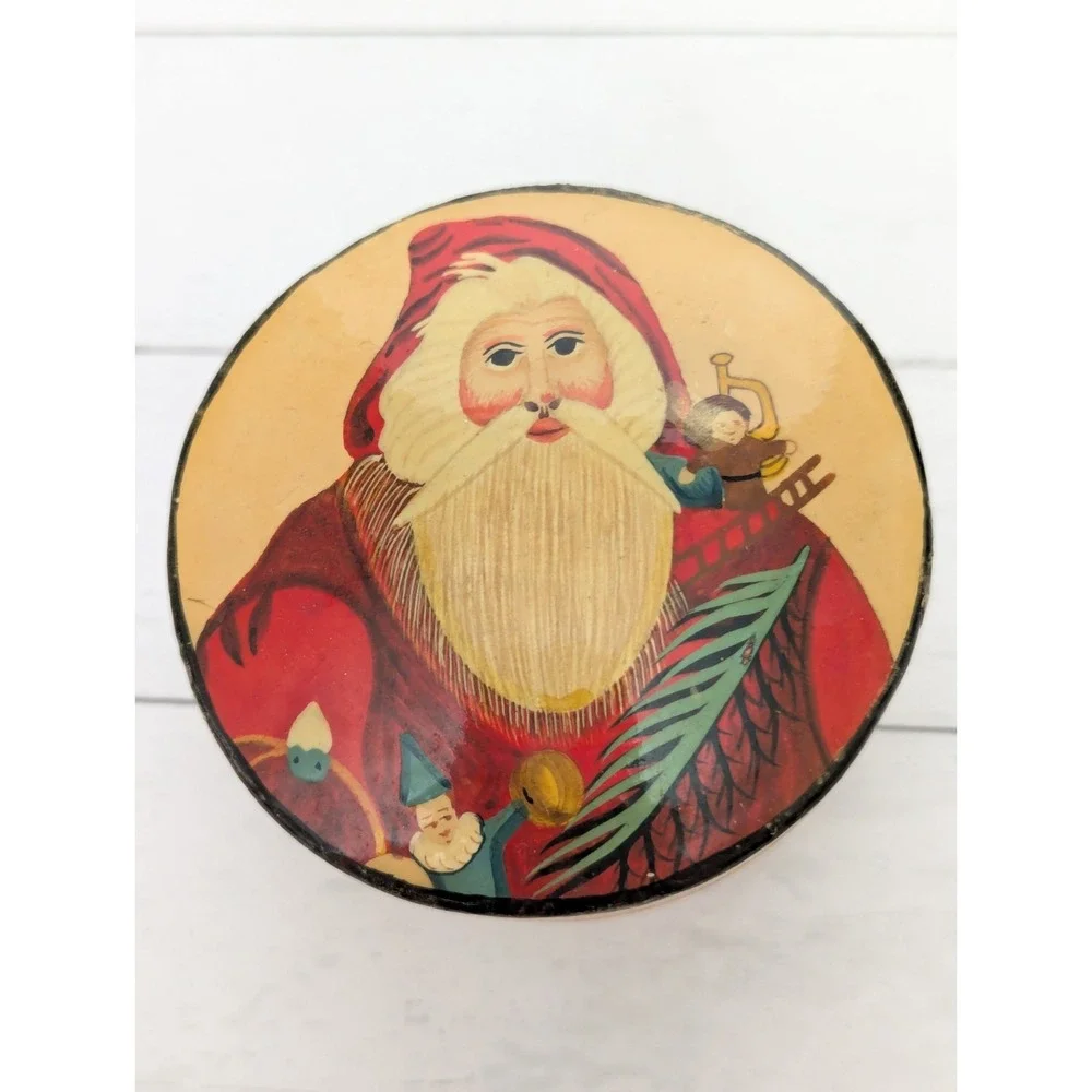 Vtg Hand Painted Paper Mache Lacquer Trinket Box Santa Christmas Box Lid India